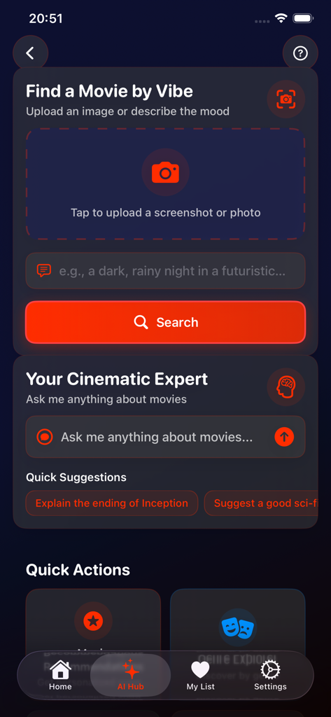 Movidex : Movies & Tv Shows - Interfaz del Centro de IA de la aplicación Movidex con búsqueda de películas por estado de ánimo y chatbot experto en cine.