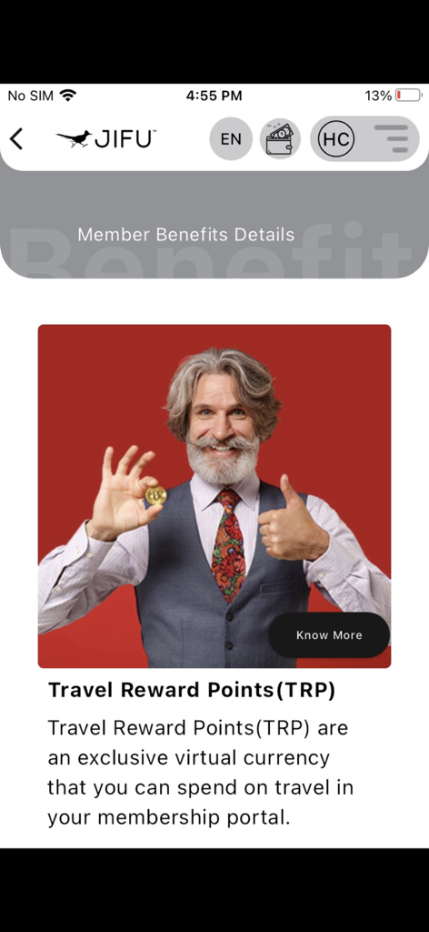 JIFU Member app screenshot showing information about Travel Reward Points and virtual currency benefits for travel