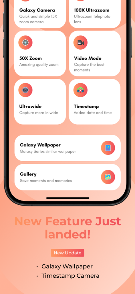 Ultra Zoom 100x Galaxy Camera - Interfaz de la aplicación Ultra Zoom 100x Galaxy Camera que muestra opciones como zoom 100x y modo de video