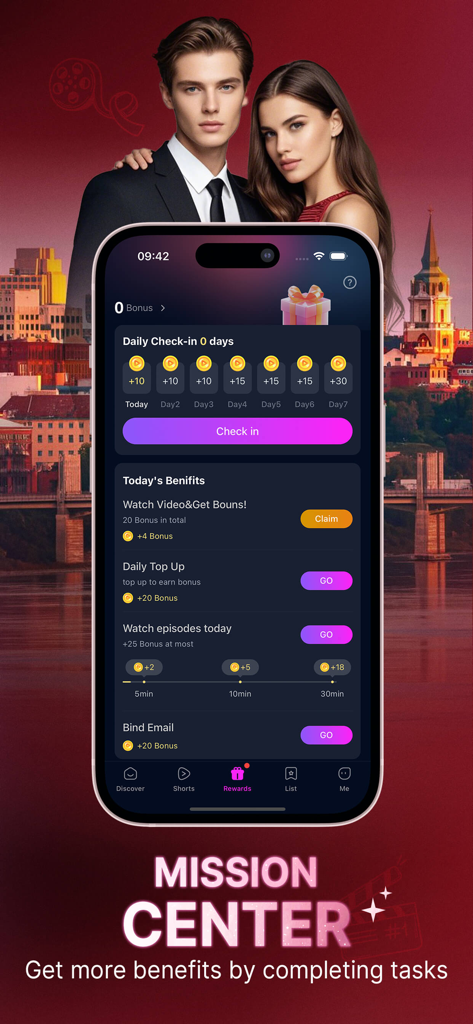 AnyReelアプリのミッションセンター画面に、短編ドラマ視聴のための毎日のチェックインと報酬タスクを表示