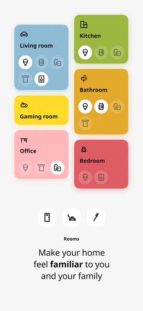 IKEA Home smart - 簡単なホームオートメーションとデバイスコントロールのためのカラフルな部屋タイルが表示されたIKEA Home smartアプリのインターフェイス
