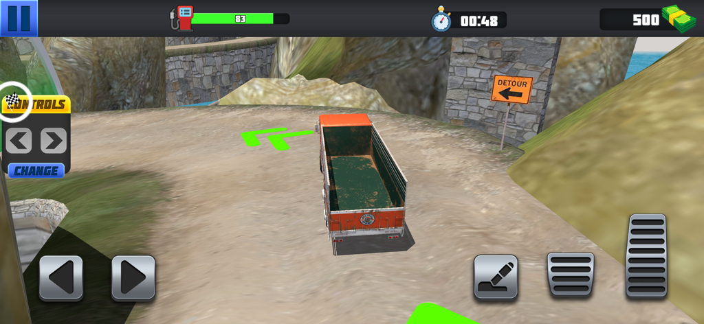 Truck Driving Simulator Games! - Gameplay of an orange truck navigating a winding mountain road with on screen controls and a detour sign