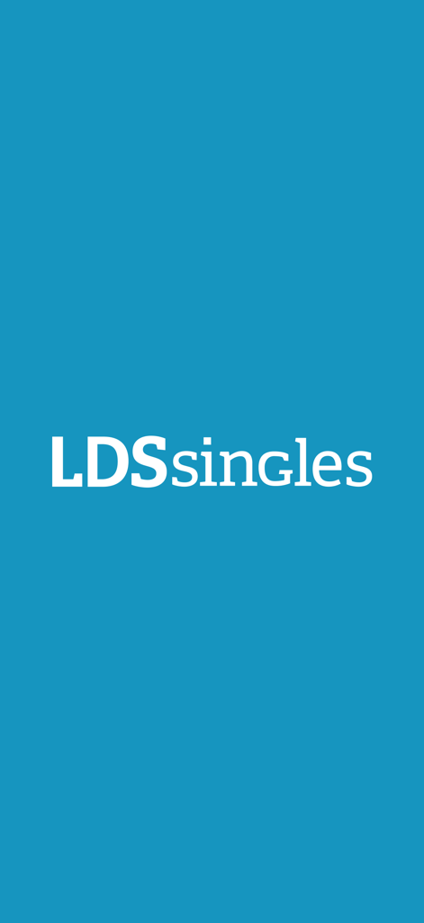 LDS Singles dating app splash screen with white logo on a teal background