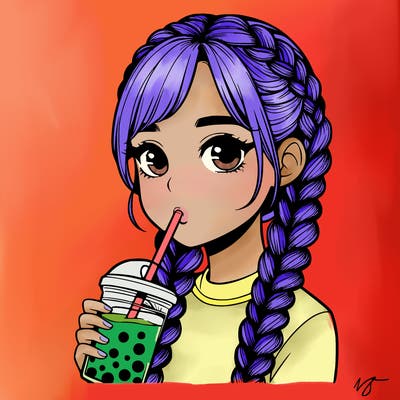 realistic girl with braided hair drinking boba