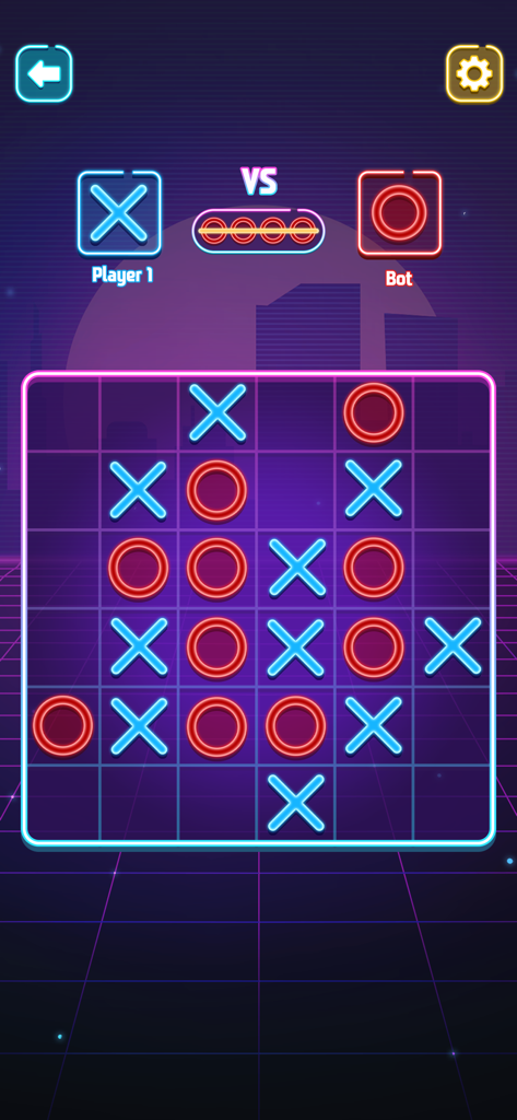 Tic Tac Toe - No Wifi Games - A neon-styled 5x5 Tic Tac Toe game board with blue X and red O symbols on a retro-wave background.