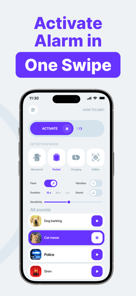 Don't Touch My Phone: App - Smartphone screen showing the Don't Touch My Phone app interface with an activation slider and a list of alarm sounds like cat meow and police siren