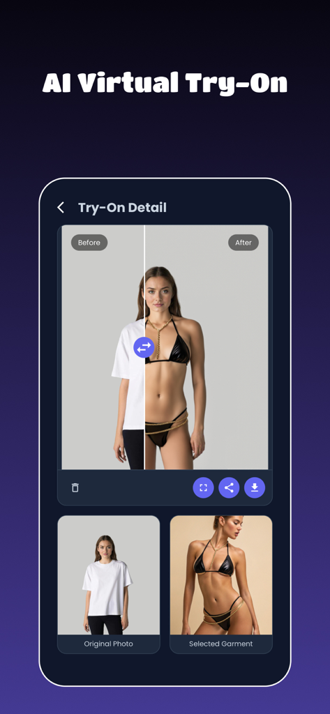 Before and after split screen showing the AI virtual try on of a black bikini