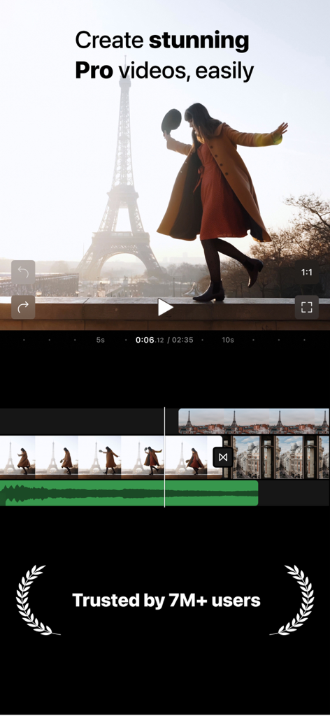 Filmr app interface showing a travel vlog being edited with professional tools