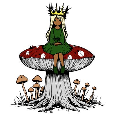 realistic girl sitting on a huge tree stump size toadstool with thorn crown