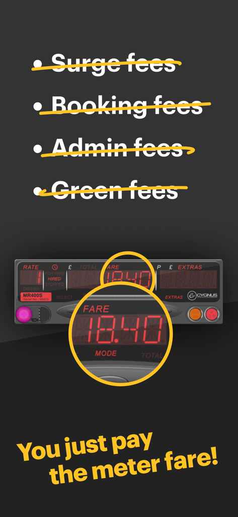 jump taxi - Jump taxi app promotional image showing no extra fees and payment by the meter
