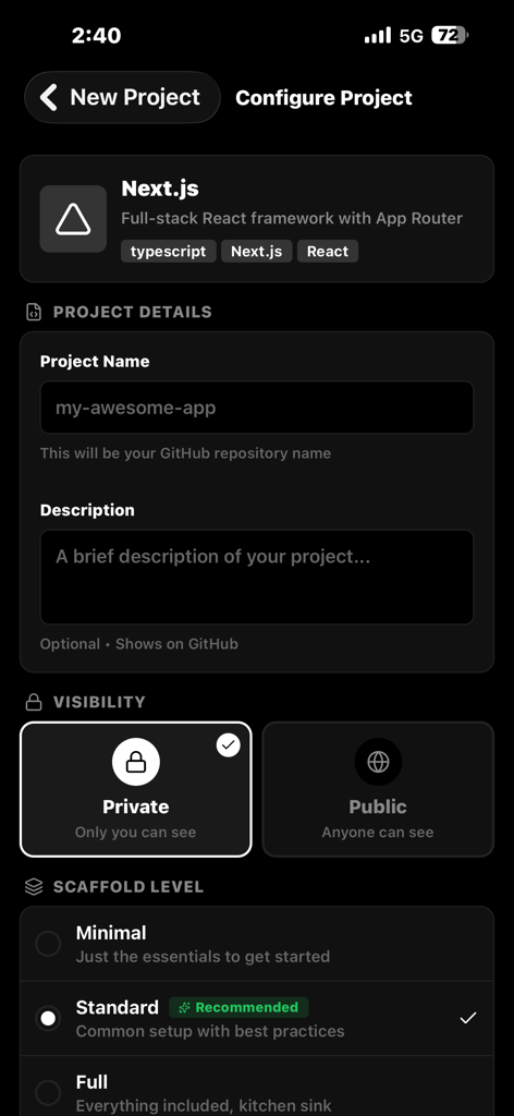 Sifr IDE - Sifr IDE interface for configuring a new Next.js project including project details, visibility settings, and scaffold levels on a mobile device.