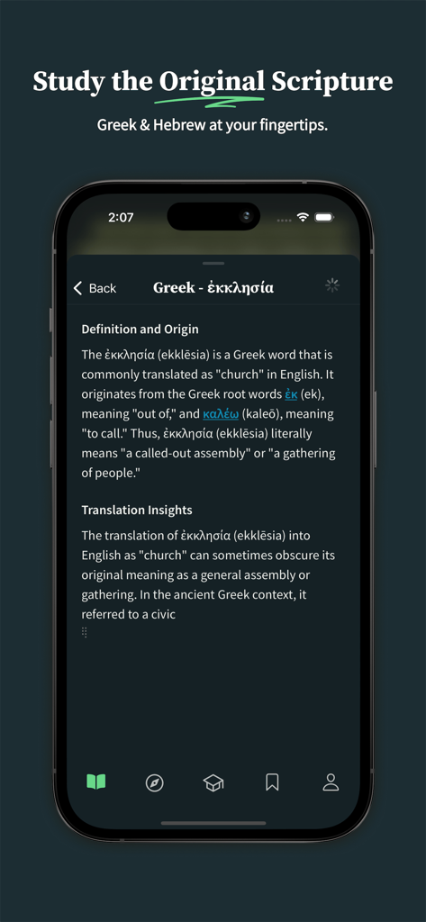 SparkBible: Bible Study - Pantalla de la aplicación SparkBible explicando la palabra griega ekklesia para el estudio de las escrituras originales.