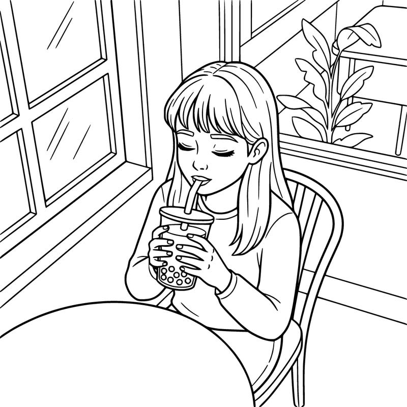 a teenage girl with bangs and long hair drinking boba at a restaurant with her eyes closed with the boba in her hands.