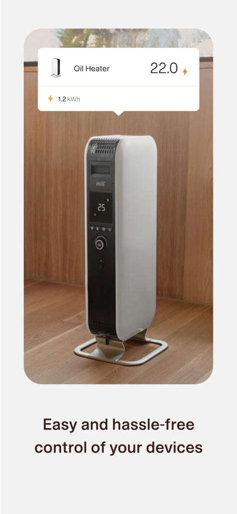 Mill Norway app interface showing real-time energy consumption and temperature for a smart oil heater.