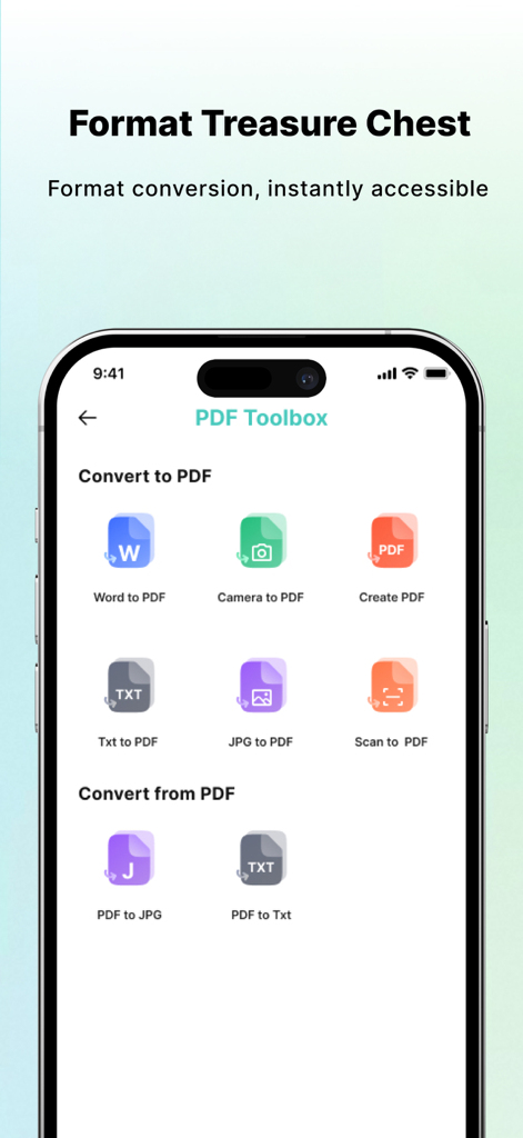 PDF AI Scannerアプリのツールボックスを表示する携帯電話画面。WordからPDF、PDFからテキストなどのさまざまなドキュメント変換オプションがあります。