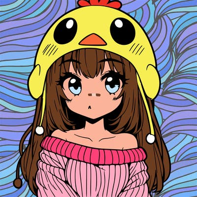 anime girl with chick shaped hat with sweater with bare shoulders with bangs covering them one eye with low tail