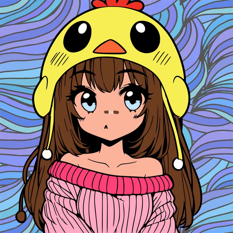 anime girl with chick shaped hat with sweater with bare shoulders with bangs covering them one eye with low tail