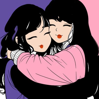 realistic two girls hugging