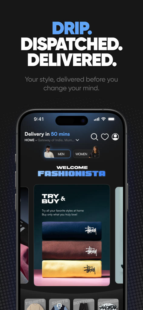 KNOT app interface featuring the Try and Buy banner and fast fashion delivery service