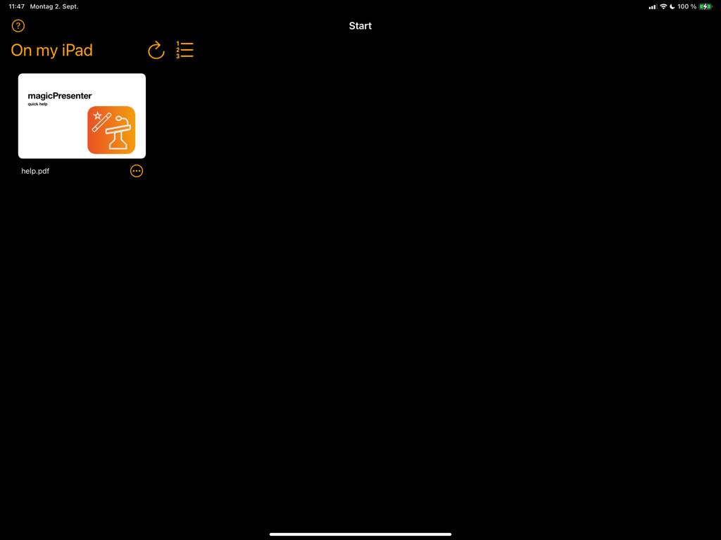 magicPresenter - Visualização principal de gerenciamento de arquivos do aplicativo magicPresenter no iPad, mostrando uma miniatura de PDF