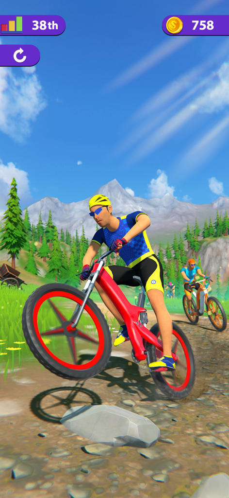 BMX Bike Rider - Bicycle Games - 3D 레이싱 게임에서 산악 트레일을 달리는 빨간색 BMX 바이크를 탄 캐릭터
