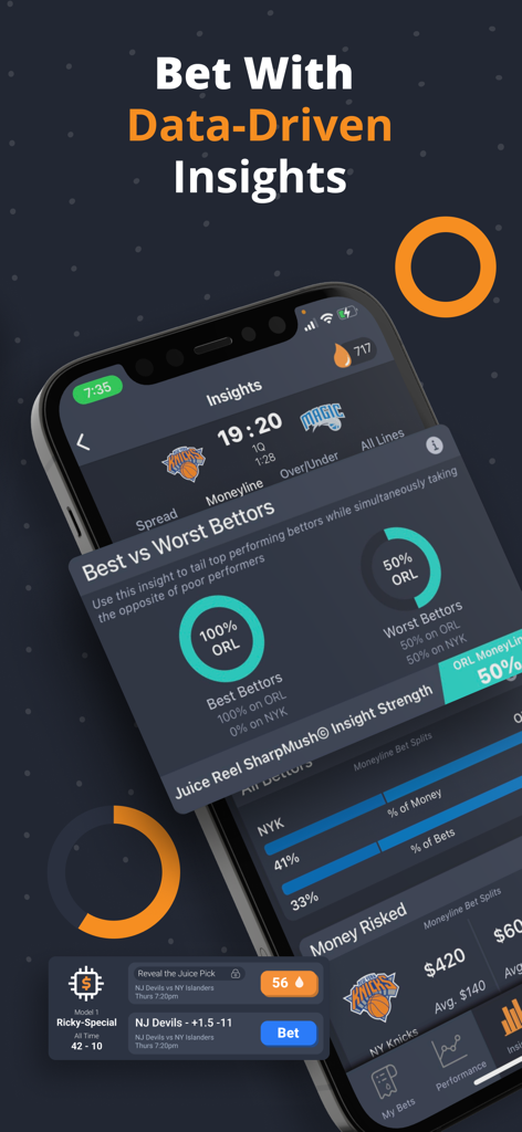 Juice Reel: Bet Tracker & Tips - Juice Reel mobile app displaying data driven sports betting insights and bettor performance comparisons