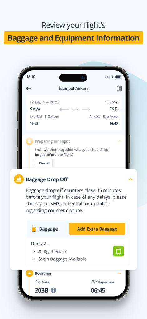 Pegasus mobile App zeigt Informationen zum Gepäckaufgabe- und Check-in-Kontingent für Flüge an