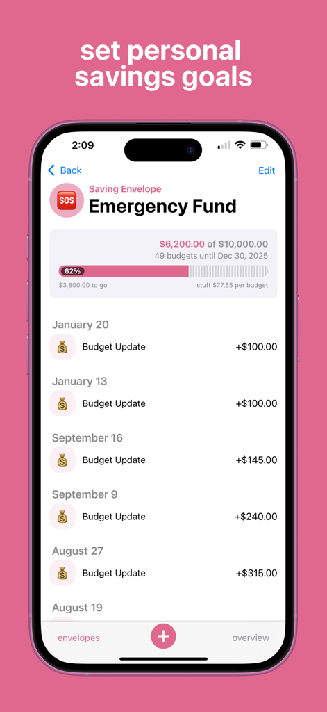 Budget Bestie 앱 인터페이스에 진행률 표시줄 및 거래 내역이 있는 비상 자금 저축 봉투가 표시됨.
