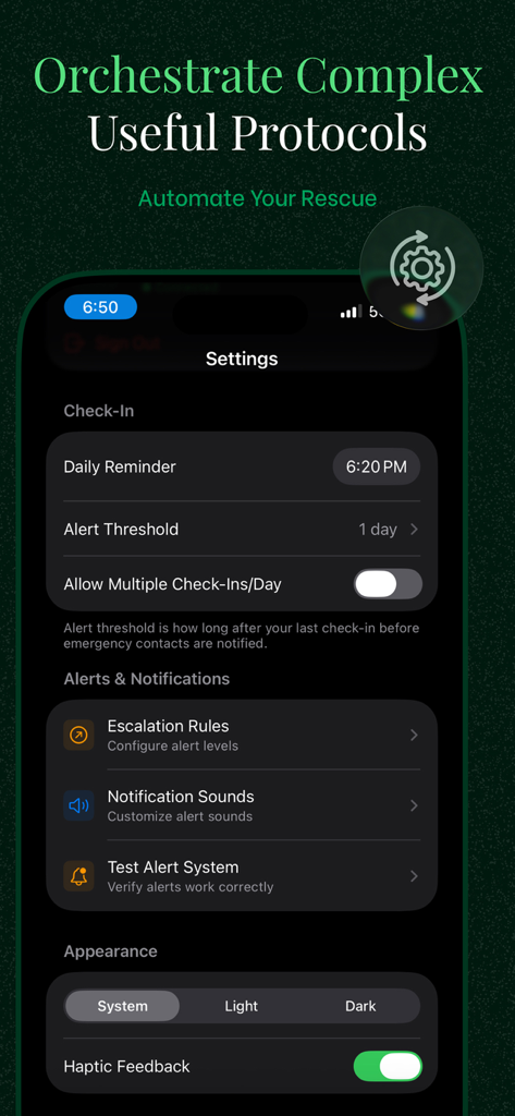 Pulse app settings screen for configuring daily reminders and emergency escalation rules