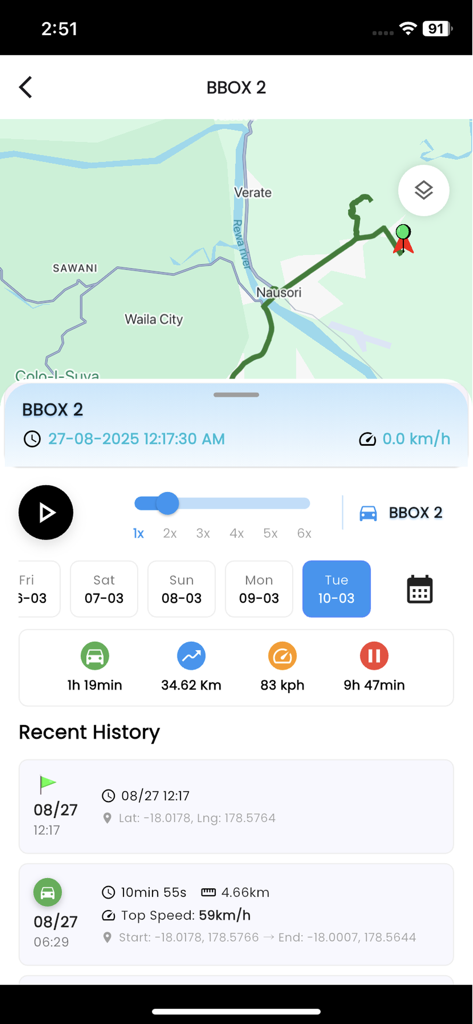 Shazcom Fiji - Panel de la aplicación Shazcom Fiji que muestra la ruta del vehículo en un mapa y estadísticas del historial de viajes