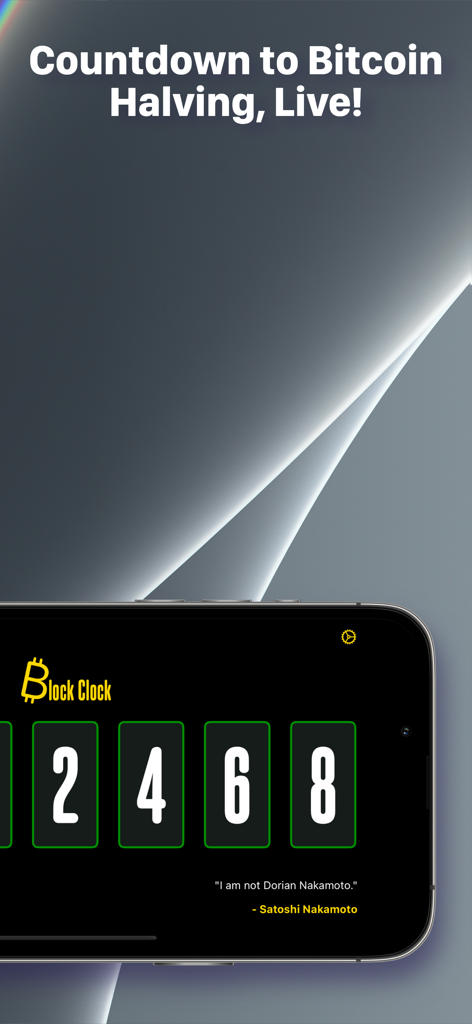 サトシ・ナカモトの引用が表示されたiPhone画面上のビットコイン半減期カウントダウン