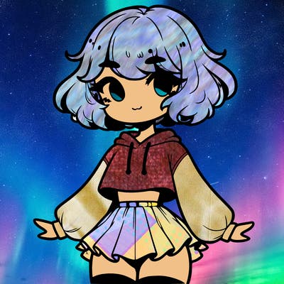 cute femboy with short, fluffy hair that softly frames their face, wearing a cropped hoodie, paired with a flouncy short skirt, and thigh-high stockings