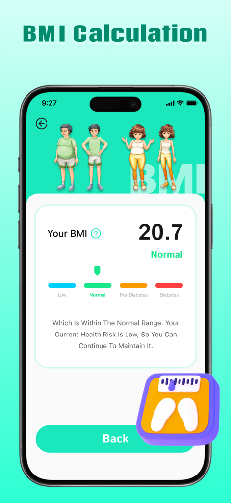 Blood Sugar Master-AI Monitor - Blood Sugar Master app BMI calculation interface showing a normal body mass index score and health risk assessment.