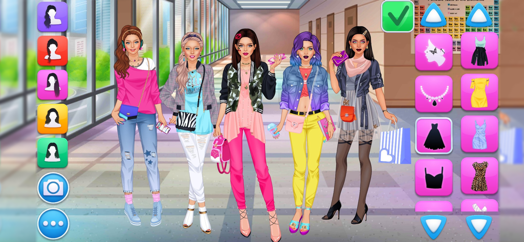 College Girl Team Makeover - Cinq personnages de filles de collège élégamment habillés se tenant dans un couloir d'école avec des menus de personnalisation de mode sur les côtés