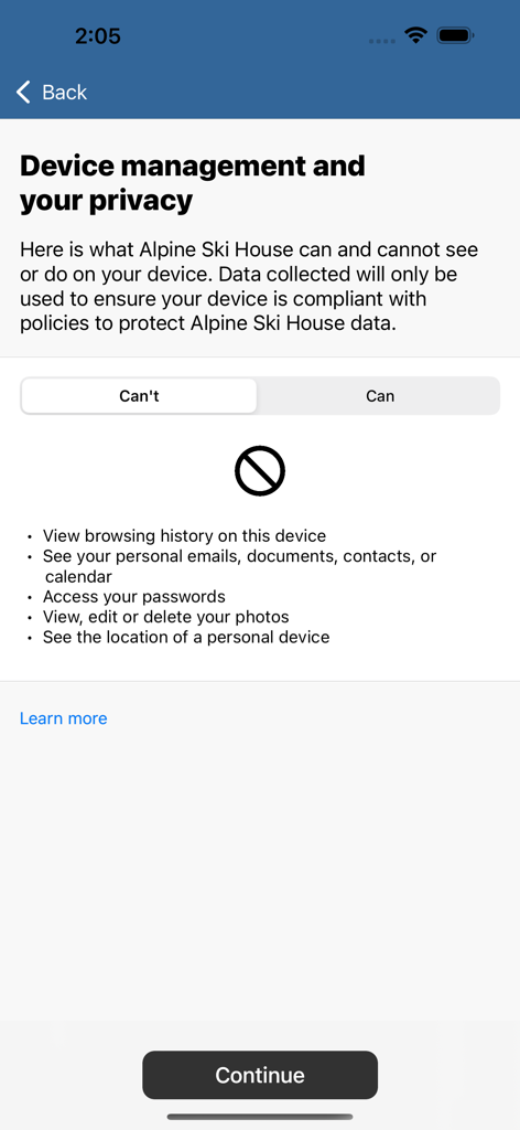 Tela de informações de privacidade mostrando os dados que seu empregador não pode acessar no Intune