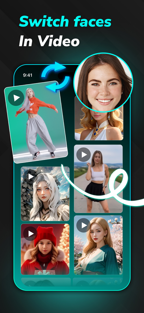 Face Swap - AI Photo Editor - Face Swap AI写真編集アプリのスクリーンショットで、複数のキャラクターテンプレートを使用して動画で顔を切り替える機能が表示されています。