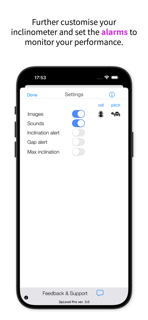 3pLevel - Inclinometer - Pantalla de configuración de la aplicación de inclinómetro 3pLevel que muestra opciones para sonidos y alertas de inclinación
