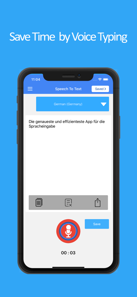 Speech to Text Voice Typing - Interfaz de aplicación móvil mostrando transcripción de voz a texto en alemán