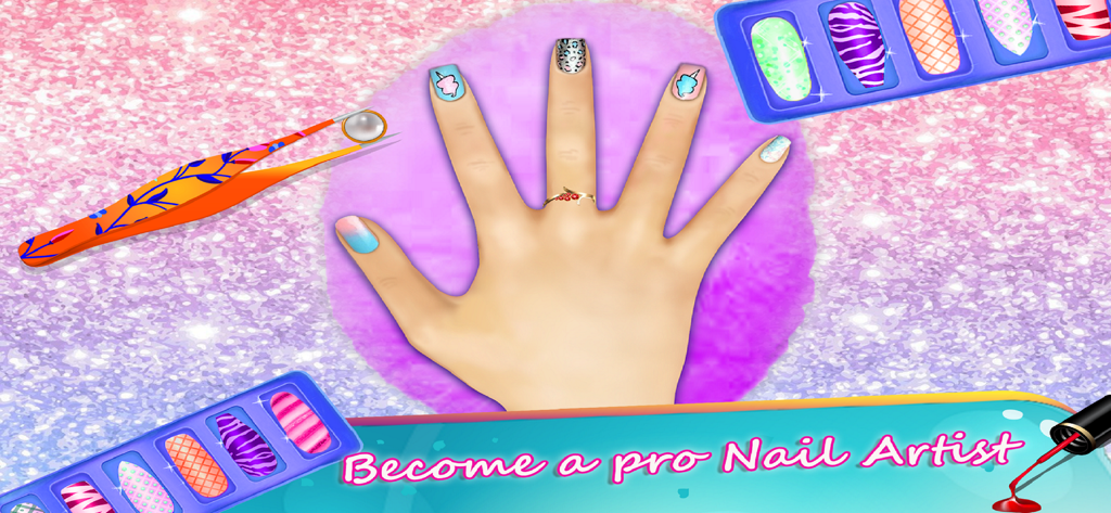 Fashion Nail Art Salon Games - A virtual hand with colorful nail art designs and a pattern palette in a nail salon game interface.
