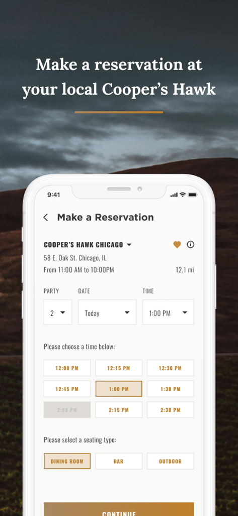 Cooper‘s Hawk - Schermata di prenotazione dell'app mobile Cooper's Hawk che mostra la dimensione del gruppo, le fasce orarie e le opzioni di posto per una sede di Chicago.