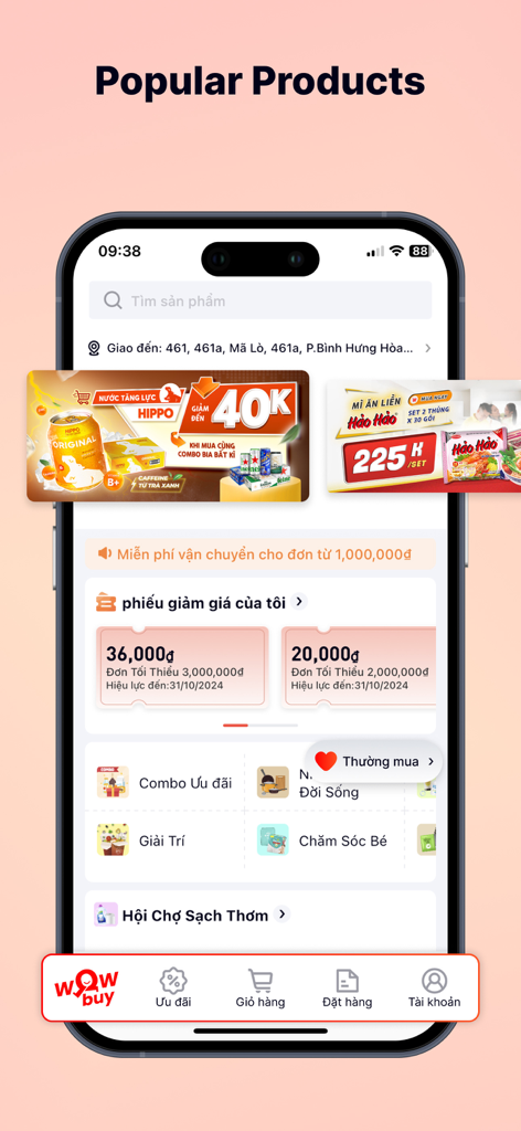 WOWbuy - WOWbuy wholesale app home screen showing popular products, promotions, and discount vouchers.