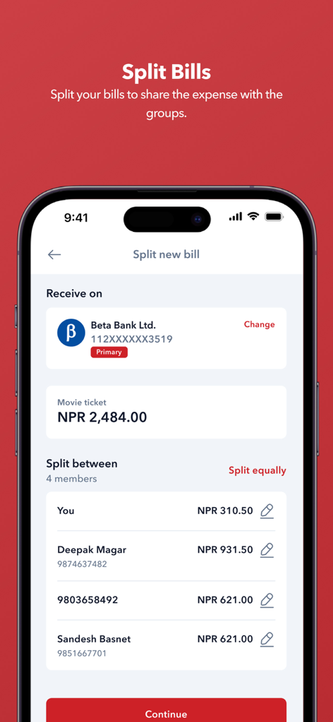 Fonepay App - Fonepay App interface showing the social bill splitting feature for shared expenses like movie tickets.