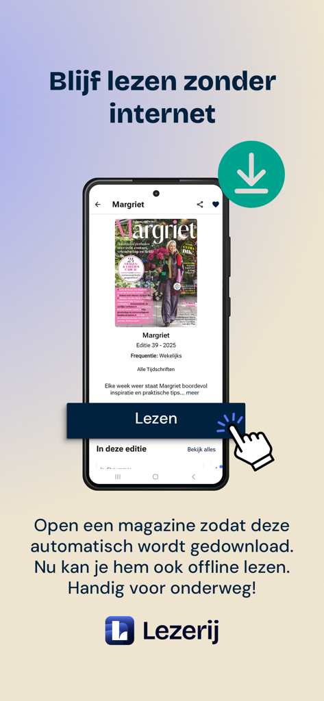 A smartphone screen showing the Lezerij app featuring Margriet magazine and a download icon for offline reading.