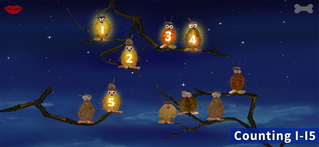 Lazuli 4+ - 夜の木の枝に数字が書かれた葉っぱの生き物がいる、子供向けの教育的な数え方ゲーム