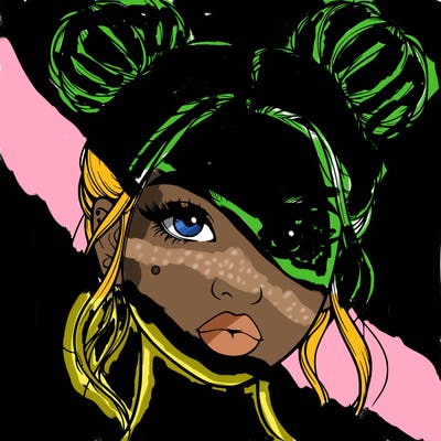 realistic girl with two buns on her hair and lips