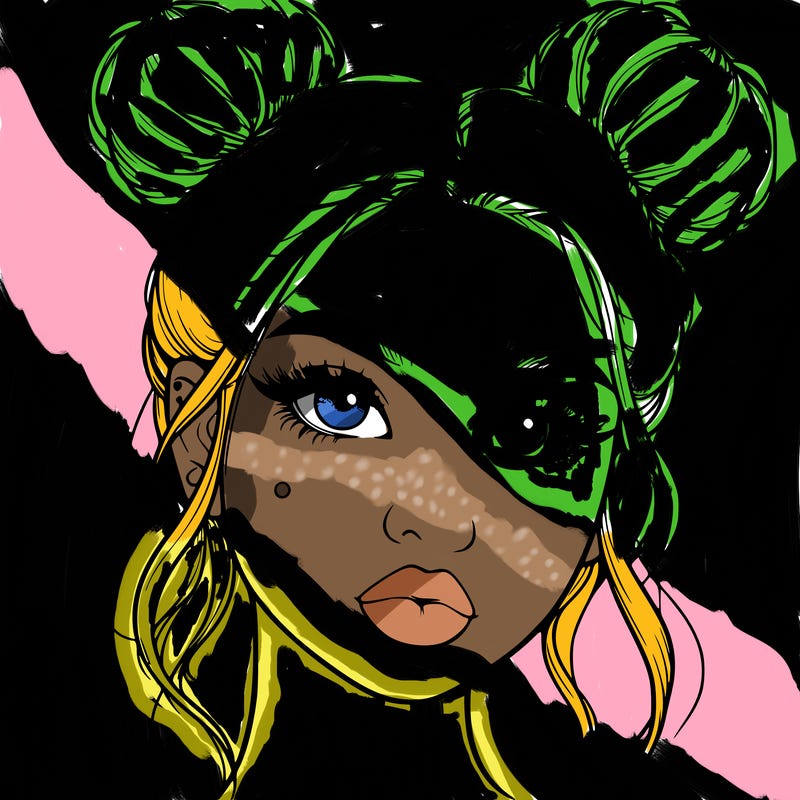 realistic girl with two buns on her hair and lips