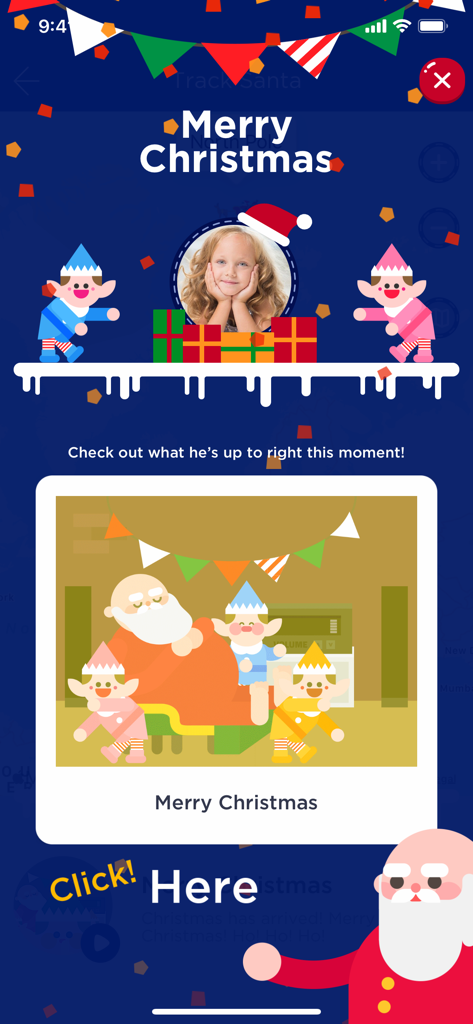 Santa Tracker - Track Santa - 엘프들과 함께하는 산타의 현재 활동과 아이의 프로필 사진을 보여주는 산타 추적기 앱 화면.