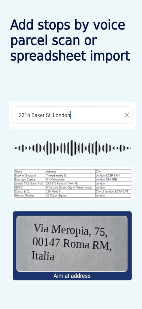 Maposcope Route Planner - Interfaz que muestra opciones para agregar paradas de entrega mediante entrada de voz, escaneo de direcciones e importación de hojas de cálculo