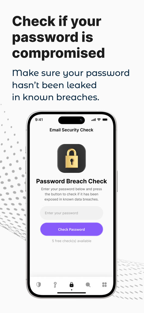 InvisiCheck - Interface do aplicativo InvisiCheck mostrando o recurso de Verificação de Vazamento de Senha para validar se uma senha foi vazada em vazamentos de dados.