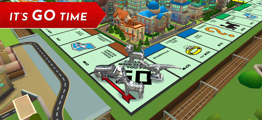 3D rendered Monopoly board featuring silver tokens and classic property squares